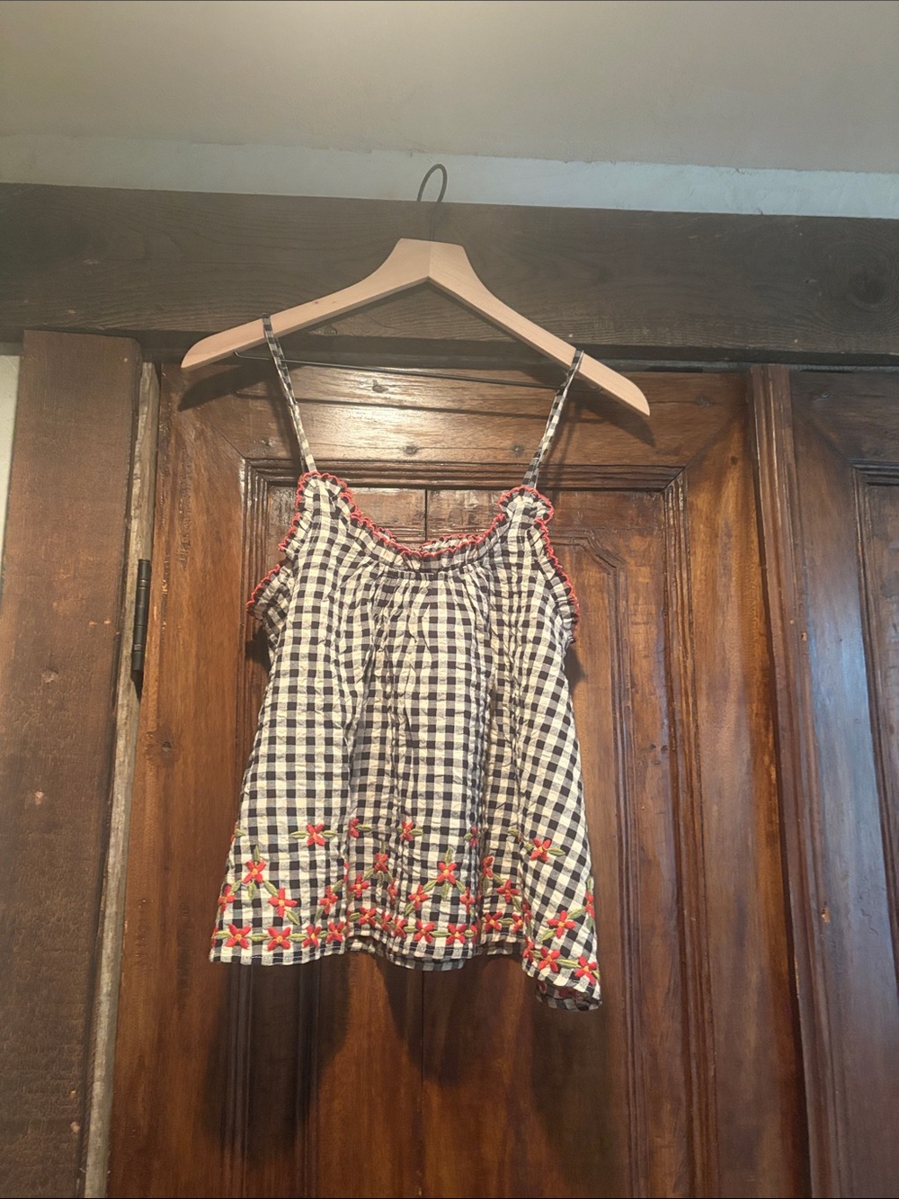 Gingham Embroidered Spaghetti Strap Tank Top - Black & White with Red Accents